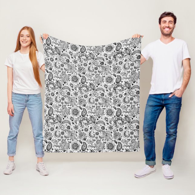 Batik boho style floral paisley pattern fleece blanket (In Situ)