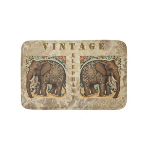 Batik,Elephant,Antique ,Vintage Style, Brown Bath Mat