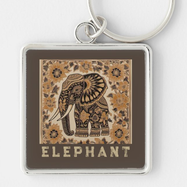 Batik Elephant Vintage Style Design, Retro  Key Ring (Front)