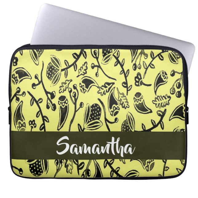 Batik floral brown pattern laptop sleeve (Front)