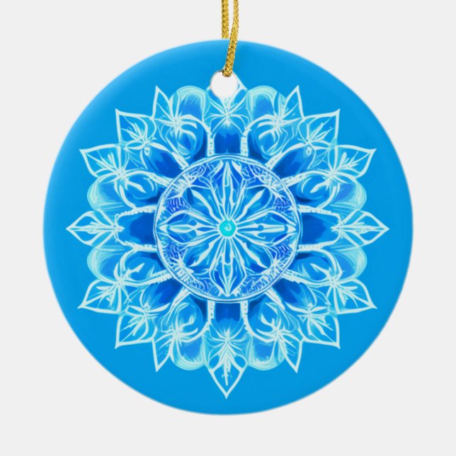 Batik Mandala Flower in Turquoise Ceramic Ornament (Front)