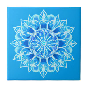 Batik Mandala Flower in Turquoise Ceramic Tile