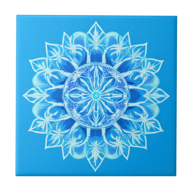 Batik Mandala Flower in Turquoise Ceramic Tile (Front)