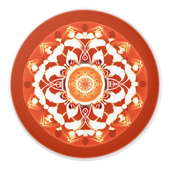Batik Mandala Pattern in Rust Red Ceramic Knob (Front)