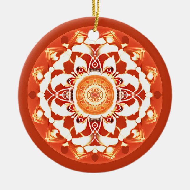 Batik Mandala Pattern in Rust Red  Ceramic Ornament (Front)