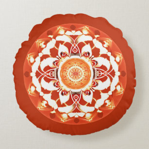 Batik Mandala Pattern in Rust Red Round Cushion