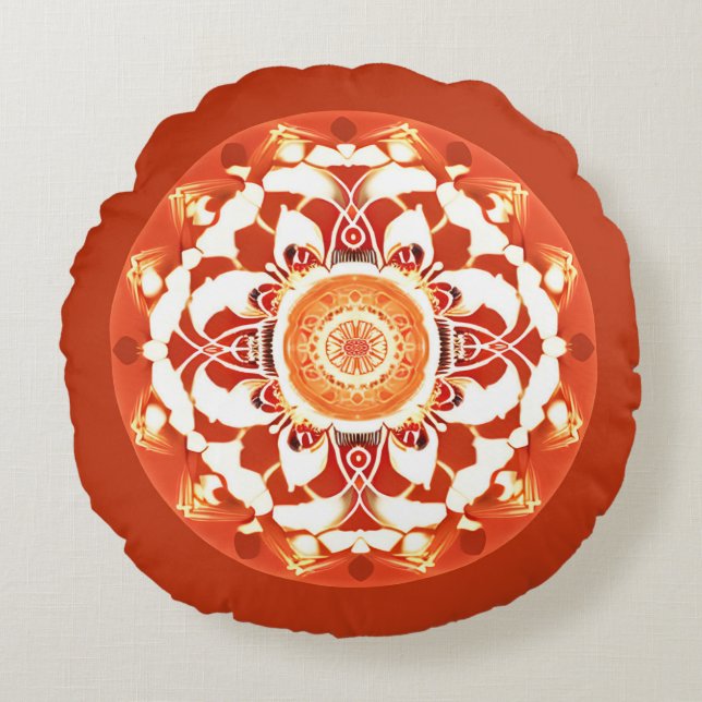 Batik Mandala Pattern in Rust Red Round Cushion (Front)
