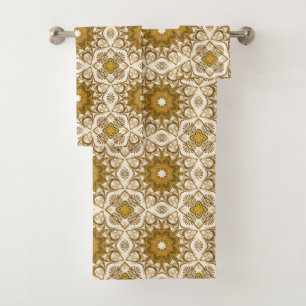 Batik Mandala Pattern Mustard Gold and Cream Bath Towel Set