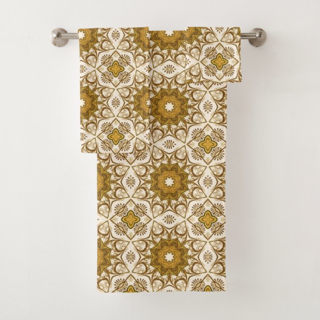 Batik Mandala Pattern Mustard Gold and Cream Bath Towel Set (Insitu)