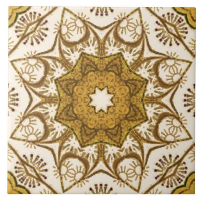 Batik Mandala Pattern Mustard Gold and Cream   Ceramic Tile (Front)