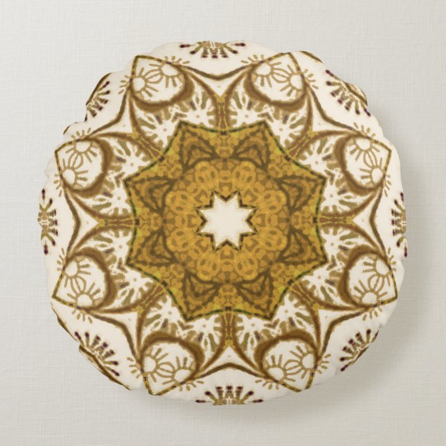 Batik Mandala Pattern Mustard Gold and Cream   Round Cushion (Front)