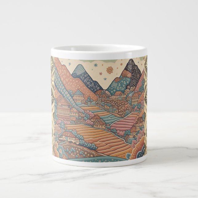 Batik Mountain Illustration Large Coffee Mug (Front)