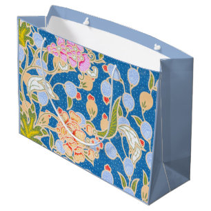 Batik Style Pattern Dots Flowers Blue Background Large Gift Bag