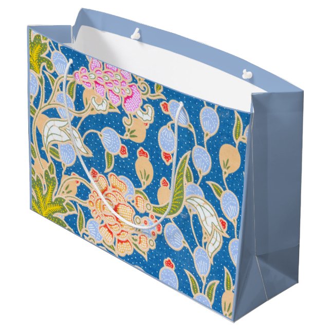  Batik Style Pattern Dots Flowers Blue Background  Large Gift Bag (Back Angled)