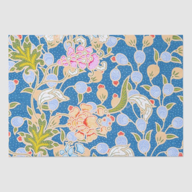  Batik Style Pattern Dots Flowers Blue Background  Tissue Paper (Front)