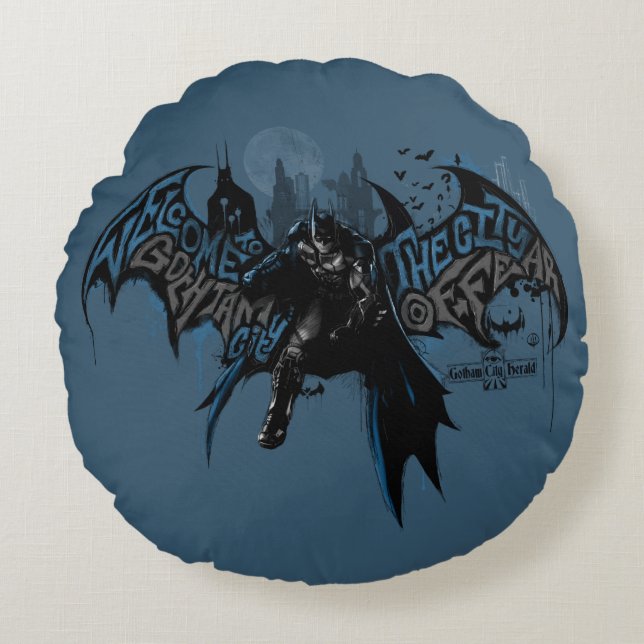 Batman Gotham City Paint Drip Graphic Round Cushion (Front)