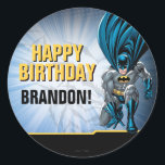 Batman | Happy Birthday Classic Round Sticker<br><div class="desc">Add a personalized superhero touch to your celebration with these customizable Batman Happy Birthday classic round stickers! Featuring Batman in action alongside the iconic Batman logo and bold text, these stickers are perfect for sealing envelopes, decorating party favors, or enhancing your event décor. Personalize them to make your Batman-themed party...</div>