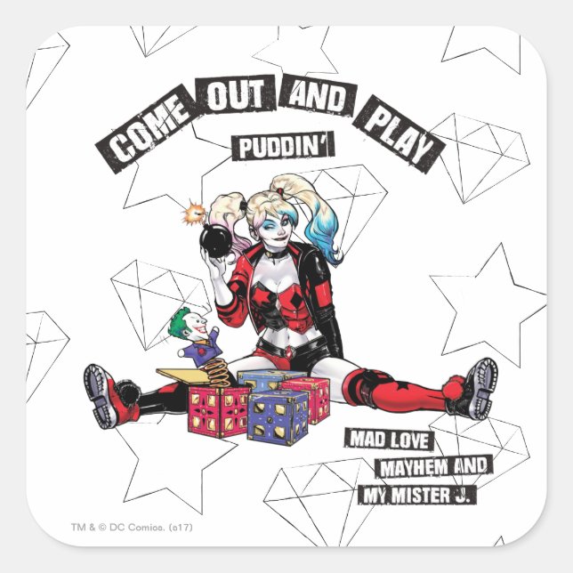 Batman | Harley Quinn "Come Out And Play Puddin'" Square Sticker (Front)
