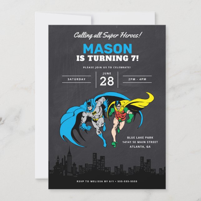Batman & Robin - Gotham City | Chalkboard Birthday Invitation (Front)