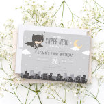 Batman Super Hero First Birthday Invitation<br><div class="desc">Celebrate your little hero's first birthday with this adorable Batman superhero invitation! Featuring a charming chibi cartoon Batman swinging over the Gotham City skyline on a moonlit night, this design is perfect for setting the tone for a fun and action-packed celebration. Fully customizable with your event details, it’s the perfect...</div>