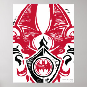 Batman Symbol   Red Black Bat Stamp Crest Logo Poster