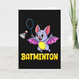 Batminton Funny Cartoon Bat Playing Badminton Pun Card