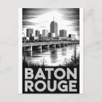 Baton Rouge Louisiana Skyline Black White Woodcut