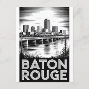 Baton Rouge Louisiana Skyline Black White Woodcut Holiday Postcard