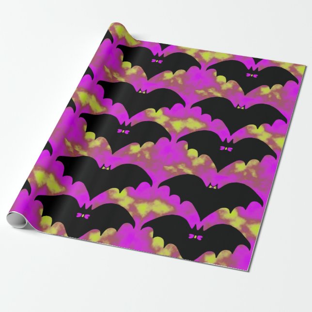Bats And Bows Pink Yellow Wrapping Paper (Unrolled)
