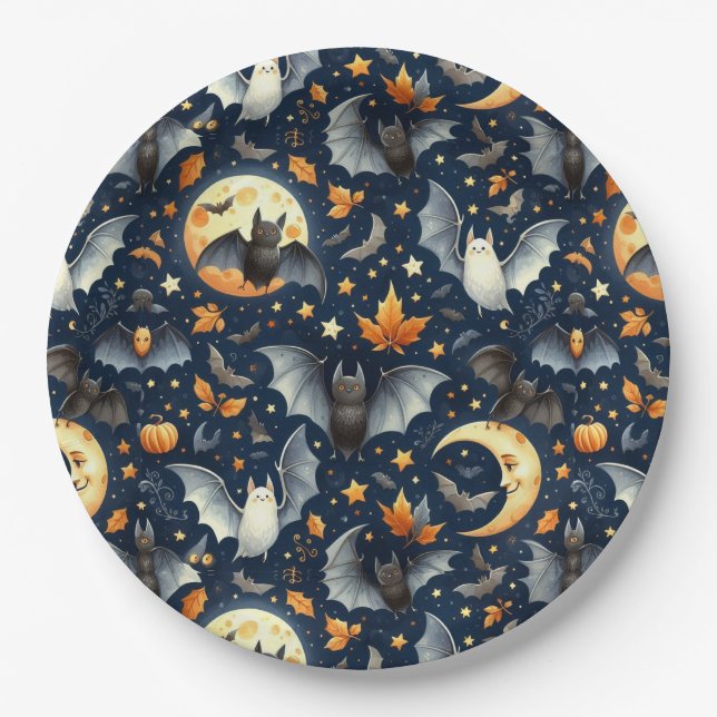 Bats and Moons Halloween  Paper Plate (Front)