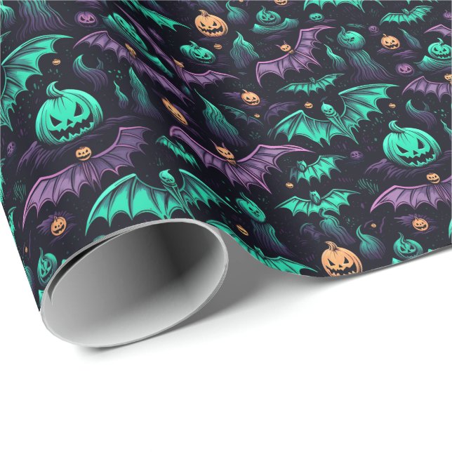 Bats and Pumpkins Purple Green Halloween Wrapping Paper (Roll Corner)