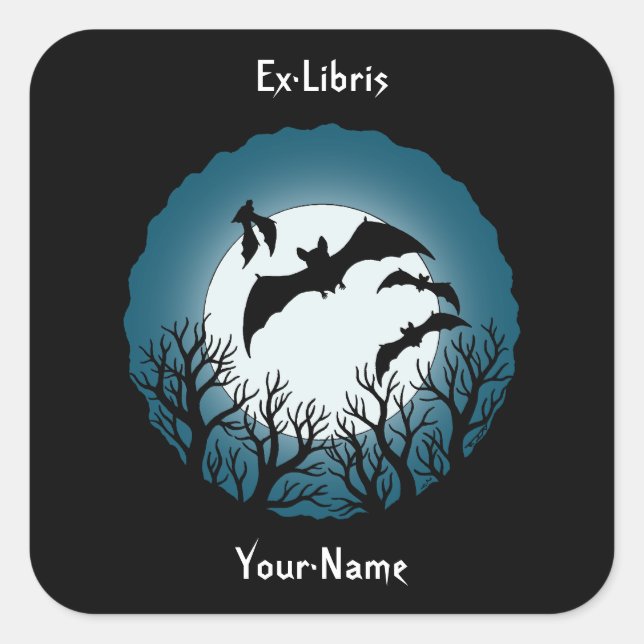 Bats and Trees Against the Moon Bookplate Square Sticker (Front)
