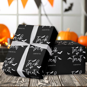 Bats And Trick Or Treat Typography Halloween Black Wrapping Paper