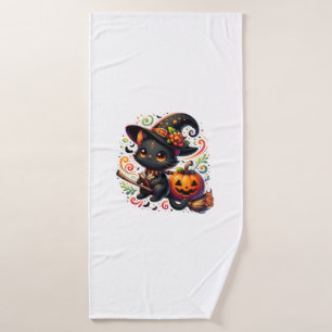 Bats Black Cat Witch Hat Wand Pumpkin Cute Hallowe Bath Towel
