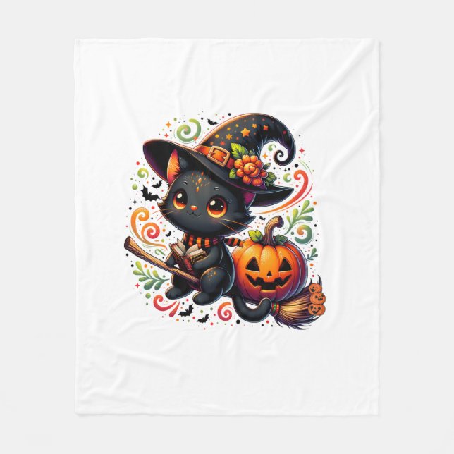 Bats Black Cat Witch Hat Wand Pumpkin Cute Hallowe Fleece Blanket (Front)