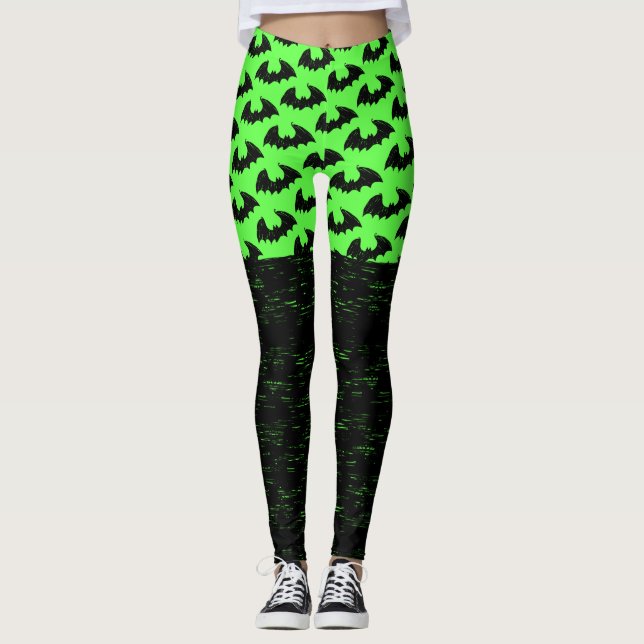 Bats/Black Lineart - Overknees - Green Leggings (Front)