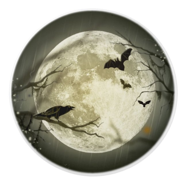Bats By the Moon on Halloween Ceramic Knob (Front)