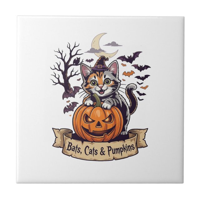 Bats Cats Pumpkins Halloween Witch Cat Spooky Tree Ceramic Tile (Front)