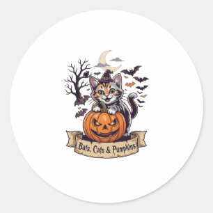 Bats Cats Pumpkins Halloween Witch Cat Spooky Tree Classic Round Sticker
