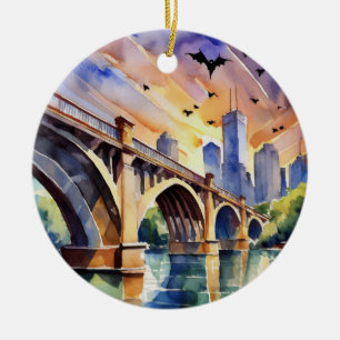 Bats Congress Avenue Bridge Austin Watercolor Ceramic Ornament