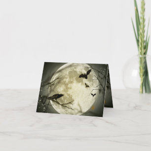 Bats fly Crow sits in Front of Halloween Full Moon Card