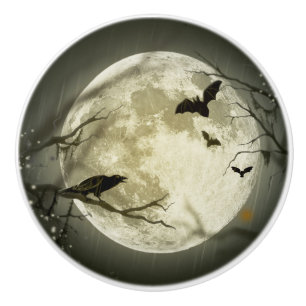 Bats fly Crow sits in Front of Halloween Full Moon Ceramic Knob