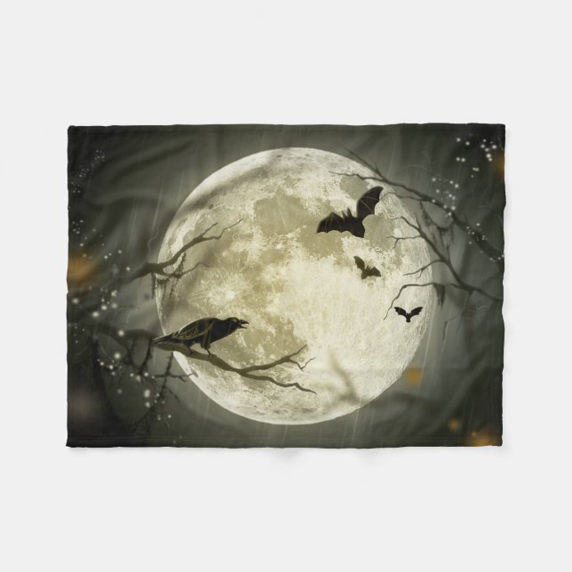 Bats fly Crow sits in Front of Halloween Full Moon Fleece Blanket (Front (Horizontal))