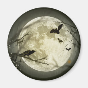 Bats fly Crow sits in Front of Halloween Full Moon Magnet