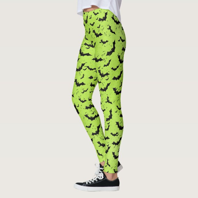 Bats Halloween Silhouettes Pattern Green/Black Leggings (Left)
