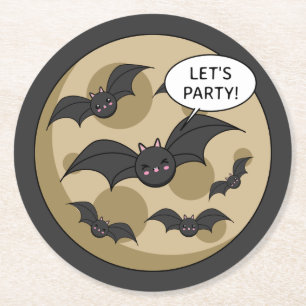 Bats Having Party on Full Moon Round Paper Coaster