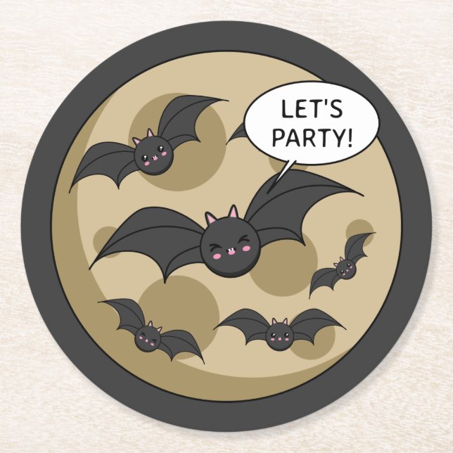 Bats Having Party on Full Moon Round Paper Coaster (Front)