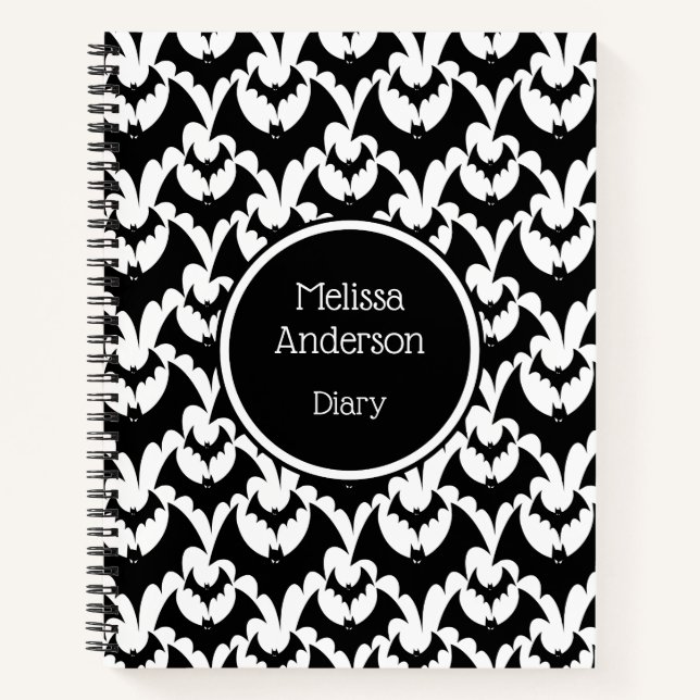 Bats Horror Gothic Pattern Personalised Name Black Notebook (Front)