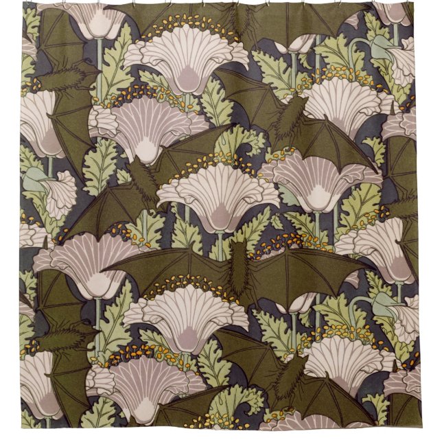 Bats & Poppies,Animal & Floral Design Art Nouveau Shower Curtain (Front)