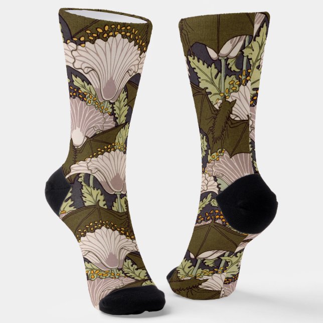 Bats & Poppies,Animal & Floral Design Art Nouveau Socks (Angled)